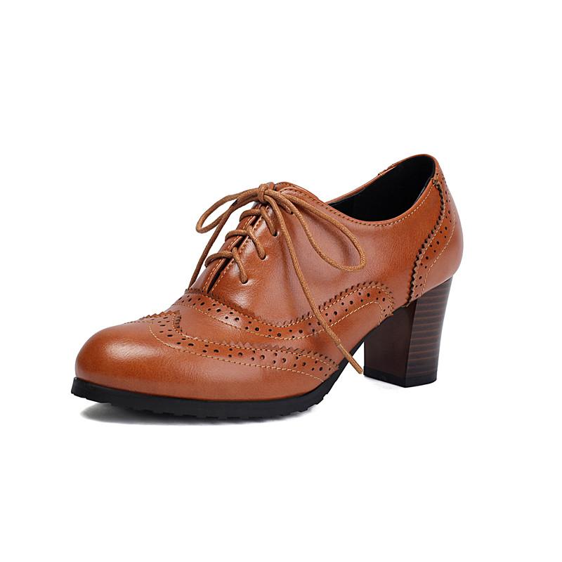 Women's High-heeled Single Shoes Spring and Summer Carved British Style Thick Heel Large Size Lace-up Low-top Shoes