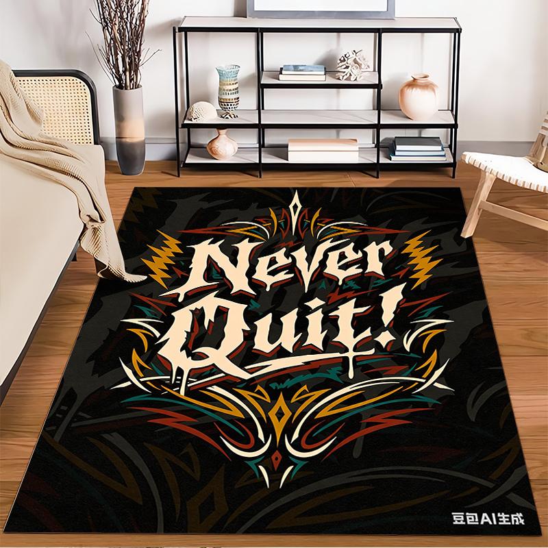 Motivational Rug with "Never Quit!" Text and Colorful Abstract Design Suitable for use as an anti-slip for living room bedroom sofas