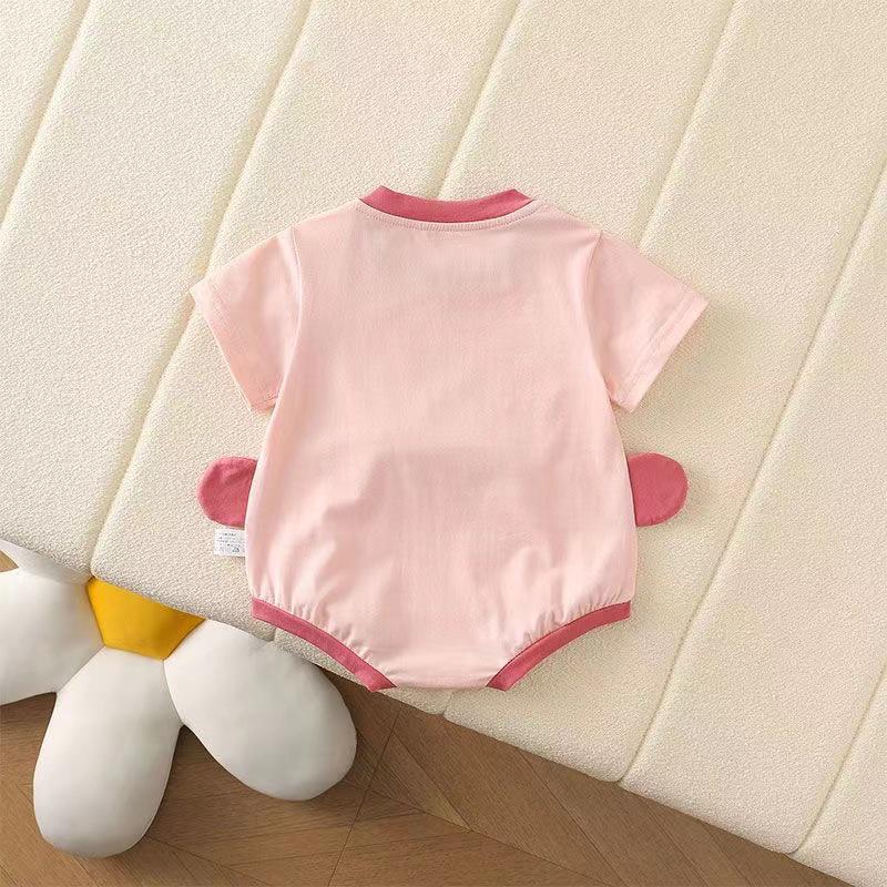 Летний комбинезон с короткими рукавами и мультяшным принтом для новорожденной девочки - Цельный комбинезон с застежкой на кнопках в области промежности