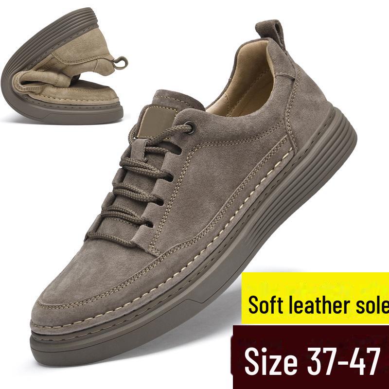 "Men's Large Genuine Leather Casual Shoes: Versatile, Trendy, Breathable, Hand-Sewn Retro Sneakers with Round Toe (Sizes 45-47)"