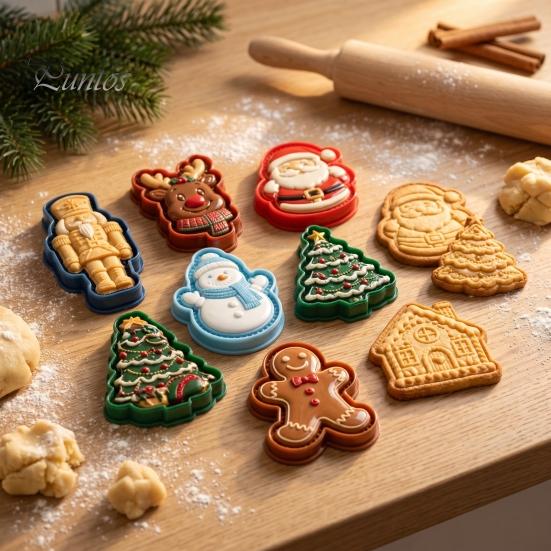 Party Snack Baking Kit Christmas Cookie Cutter, Push Type Integrated Mold, Plastic Holiday Biscuit Stampers Clay Decorating Tool for Kitchen Supplies