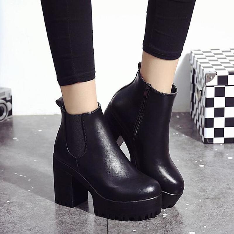 Botas Mujer Модные женские сапоги на квадратном каблуке и платформе Zapatos Mujer из искусственной кожи, высокие сапоги-лодочки, мотоциклетная обувь, черный, красный