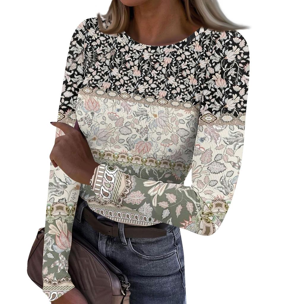 Женская и зимняя футболка с тонким низом, модная повседневная футболка с круглым вырезом и принтом, длинный рукав