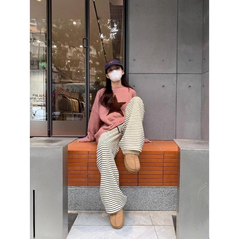 Американский ретро-стиль, простой стиль, пятиконечная звезда, граффити, круглый вырез, длинный рукав, свитер для женщин, дорожный, замедляющий старение свитер