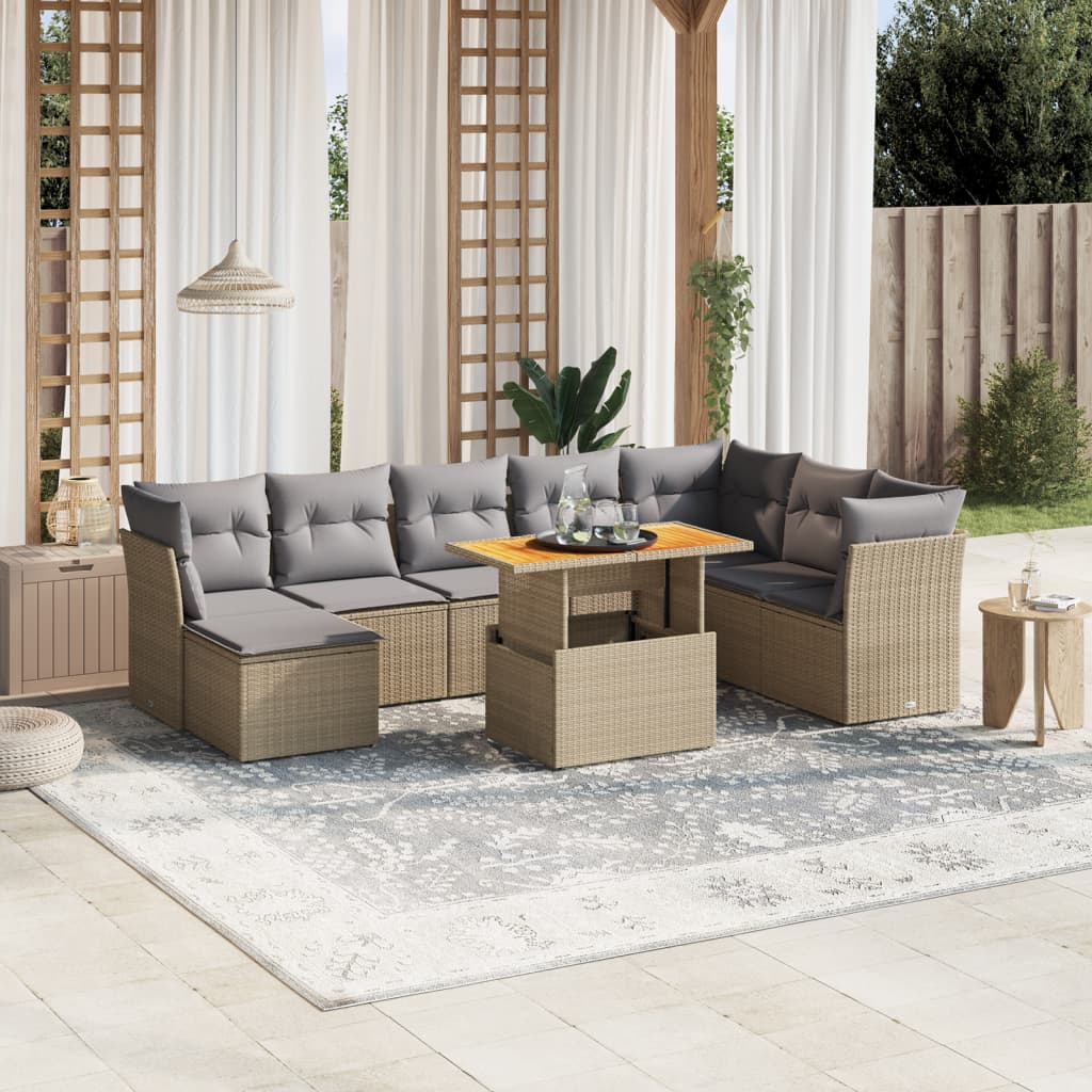 9 piece Garden Sofa Set with Cushions Beige Poly Rattan