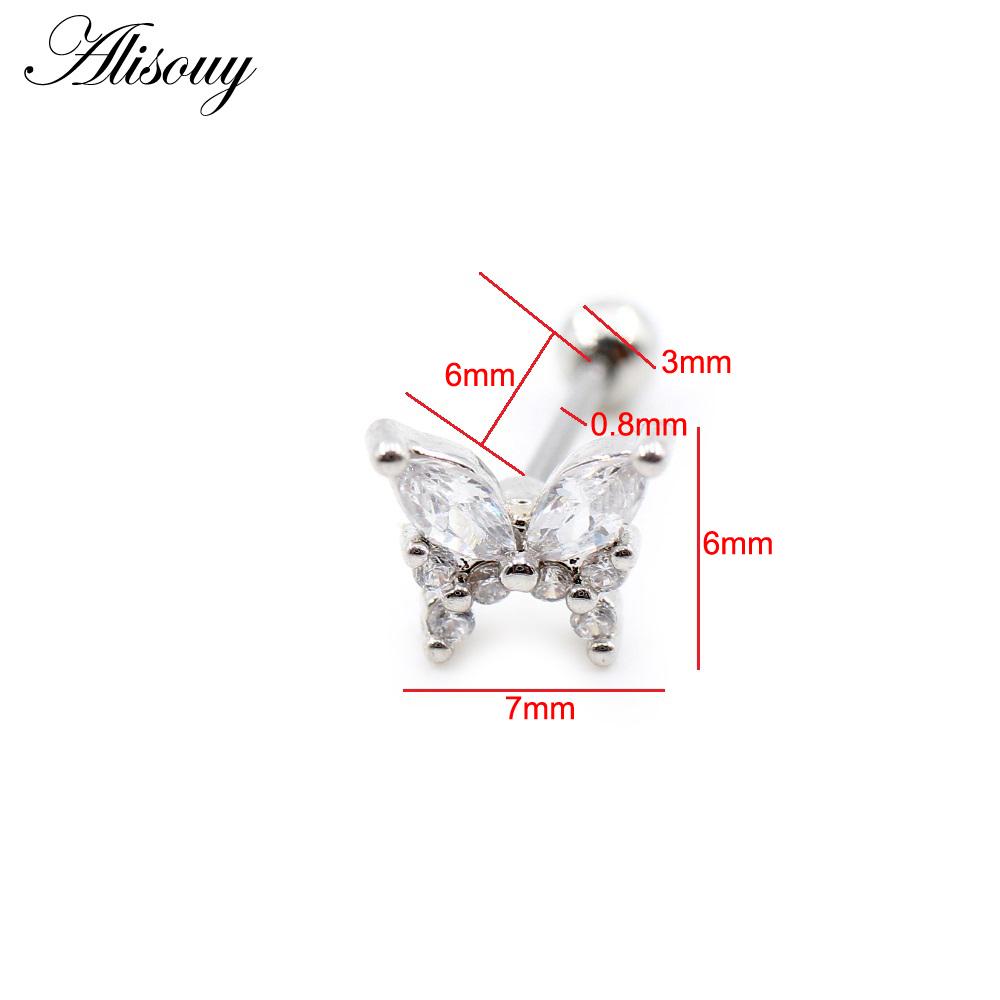 Alisouy 2PCS Бабочка смолы циркон шарик нержавеющая сталь для женщин и мужчин серьги гвоздики хрящ козелок ушной раковины пирсинг ювелирные изделия