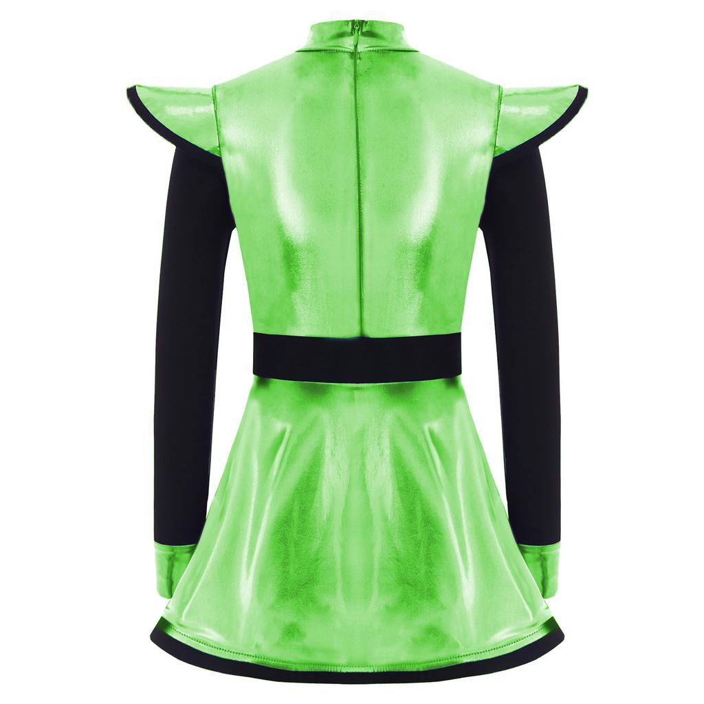 Детский костюм инопланетянки для девочек, пэчворк, металлический блеск, воротник-стойка, длинный рукав, застежка-молния сзади, платье со встроенными шортами