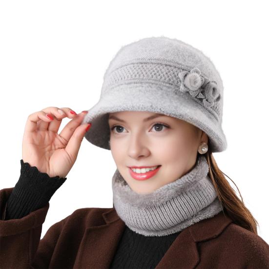 2Pcs/Set Women Winter Hat Scarf Set Elastic Soft Warm Solid Color Design Imitation Rabbit Fur Basin Hat Scarf Set