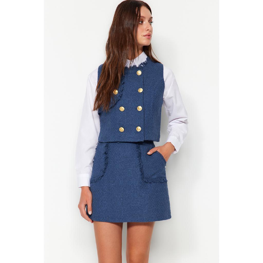 Мини-тканая юбка из твидовой ткани индиго с кисточками Twoaw24et00204