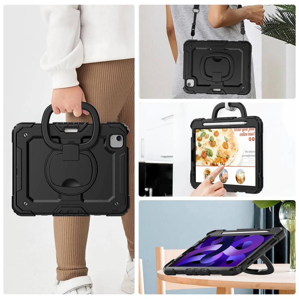 Для iPad Pro 11''/Air 4/5, Ударопрочный защитный силиконовый чехол Военного класса, 360° Складная ручка-держатель + Ремень на плечо