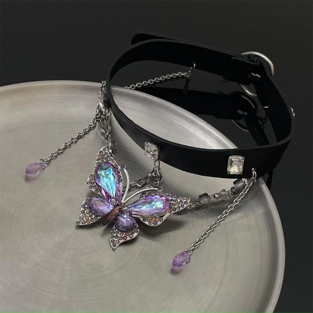 Crystal Butterfly Pendant Necklace Belt Twined Women Accessory Punk Gothic Metal Choker Ladies