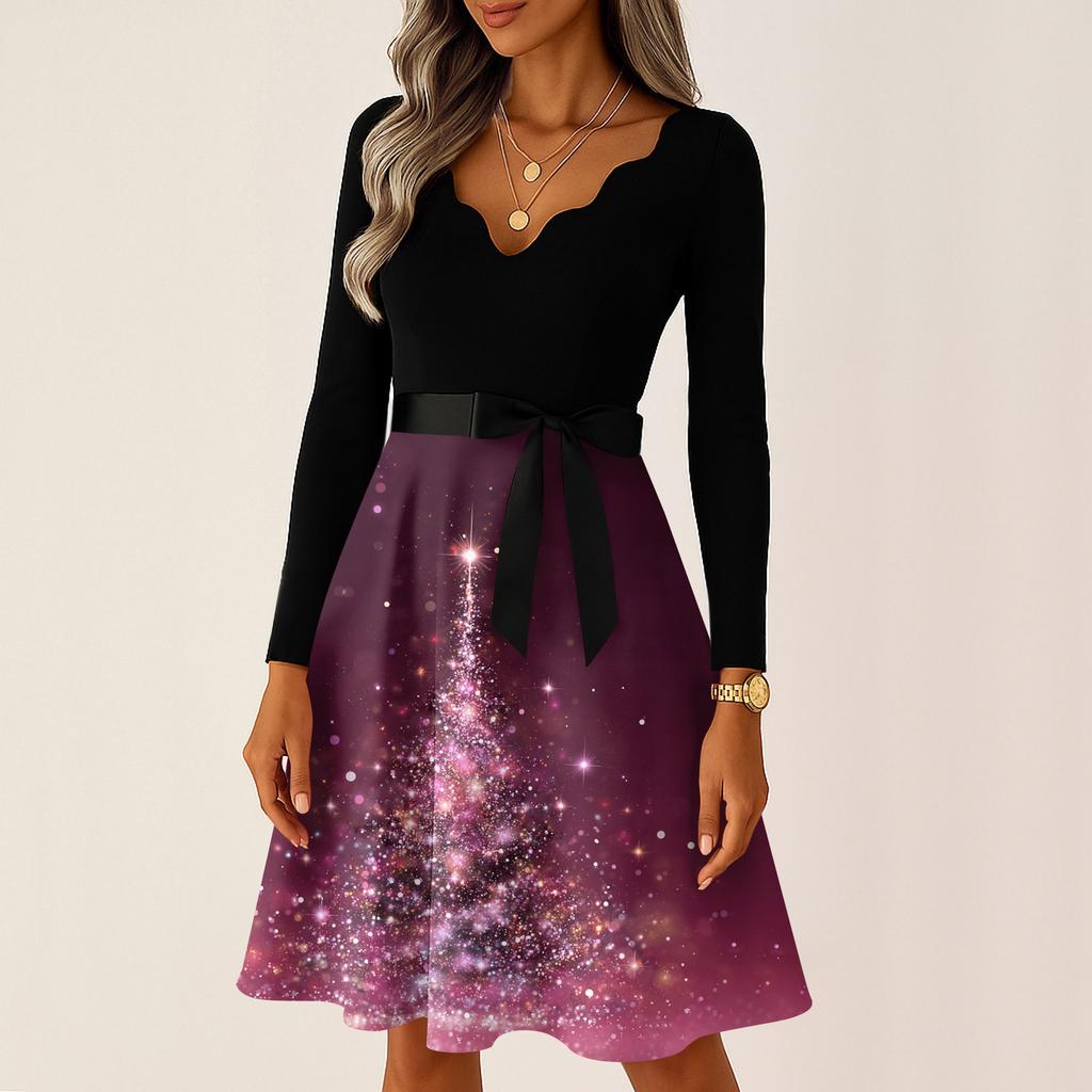 Women's Casual Fashion V Neck Long Sleeve Christmas Printed Party Vintage Long Dresses