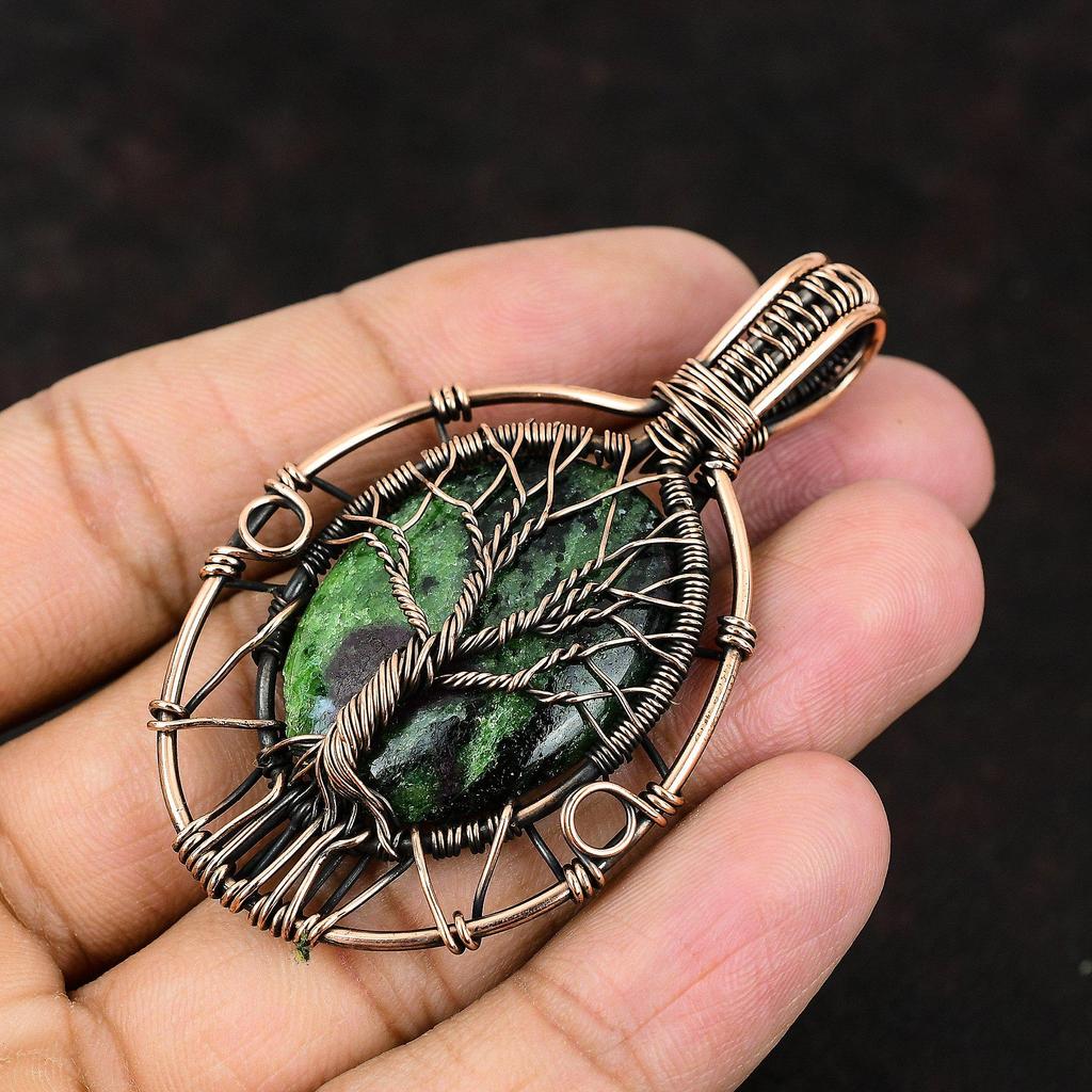 Древо жизни, кулон с рубином и цоизитом, медная проволока, кулон, драгоценный камень, медные украшения, кулон ручной работы, кулон с рубином и цоизитом, подарок для мамы