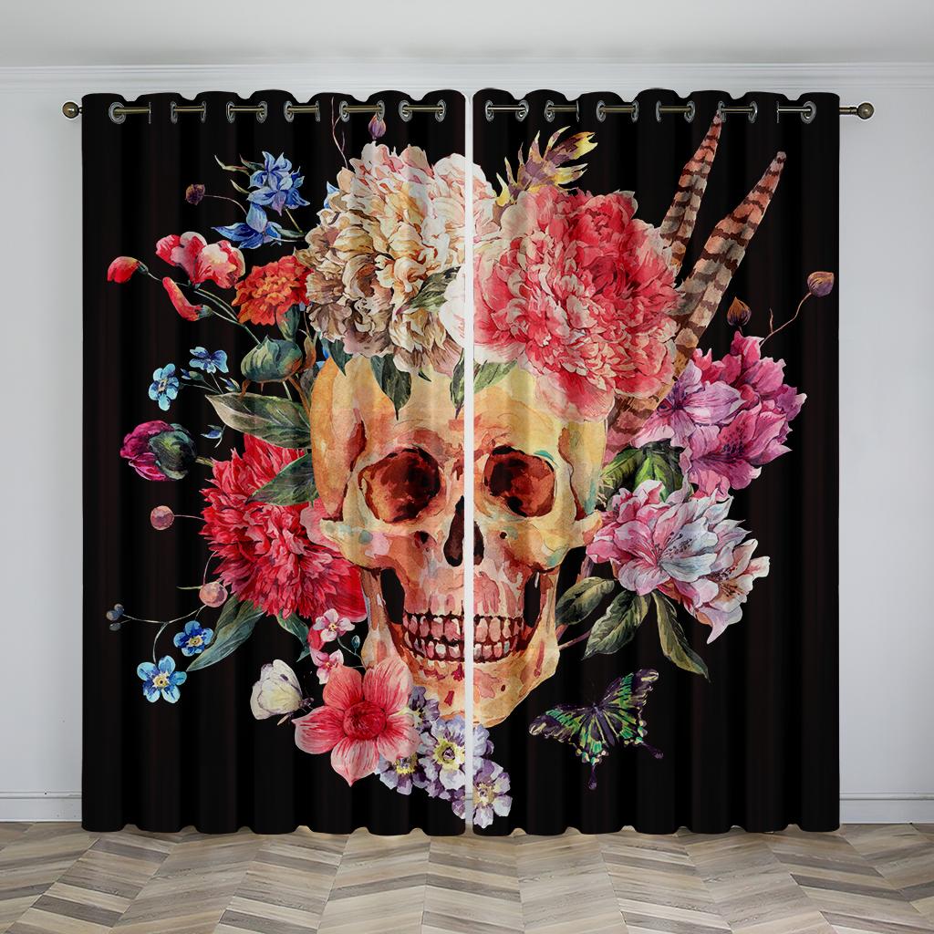 Personality 3D Printed Ebony Mystery Skull Rose Drapes 2 Panel Livingroom Space Bedchamber Balcony Study Decorative Drapes