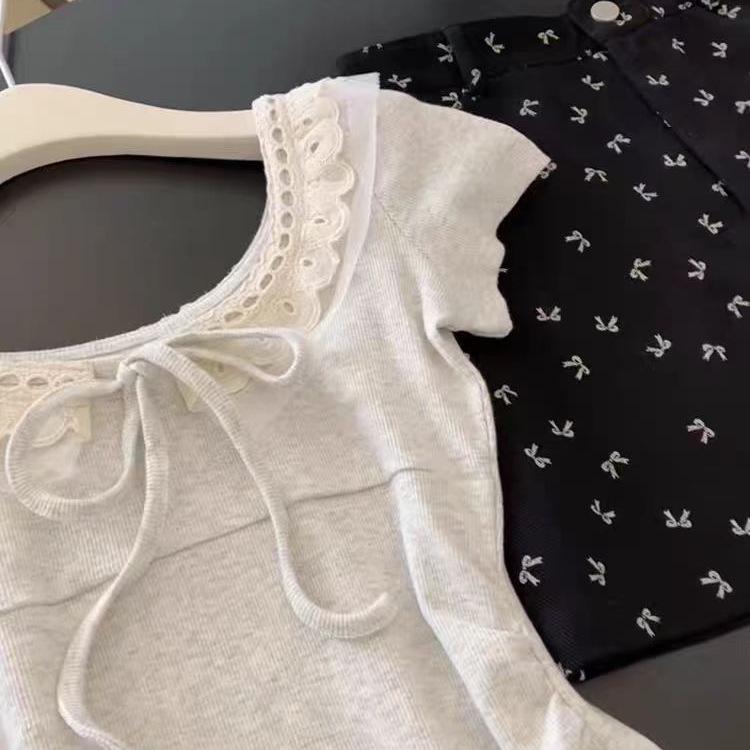 Японская лоскутная футболка с коротким рукавом на завязках - Женский приталенный укороченный топ для миниатюрных