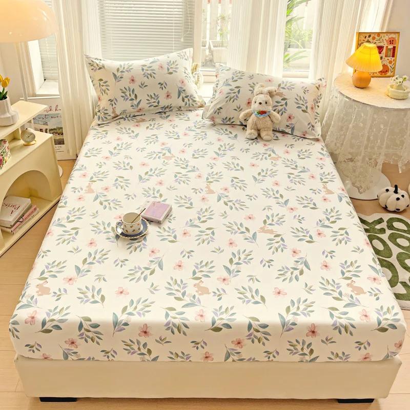 Floral Leaves Pattern Fitted Sheet Set 100% Cotton Comfortable Soft Bedding Set Plants Printed Mattress Cover with Pillowcases