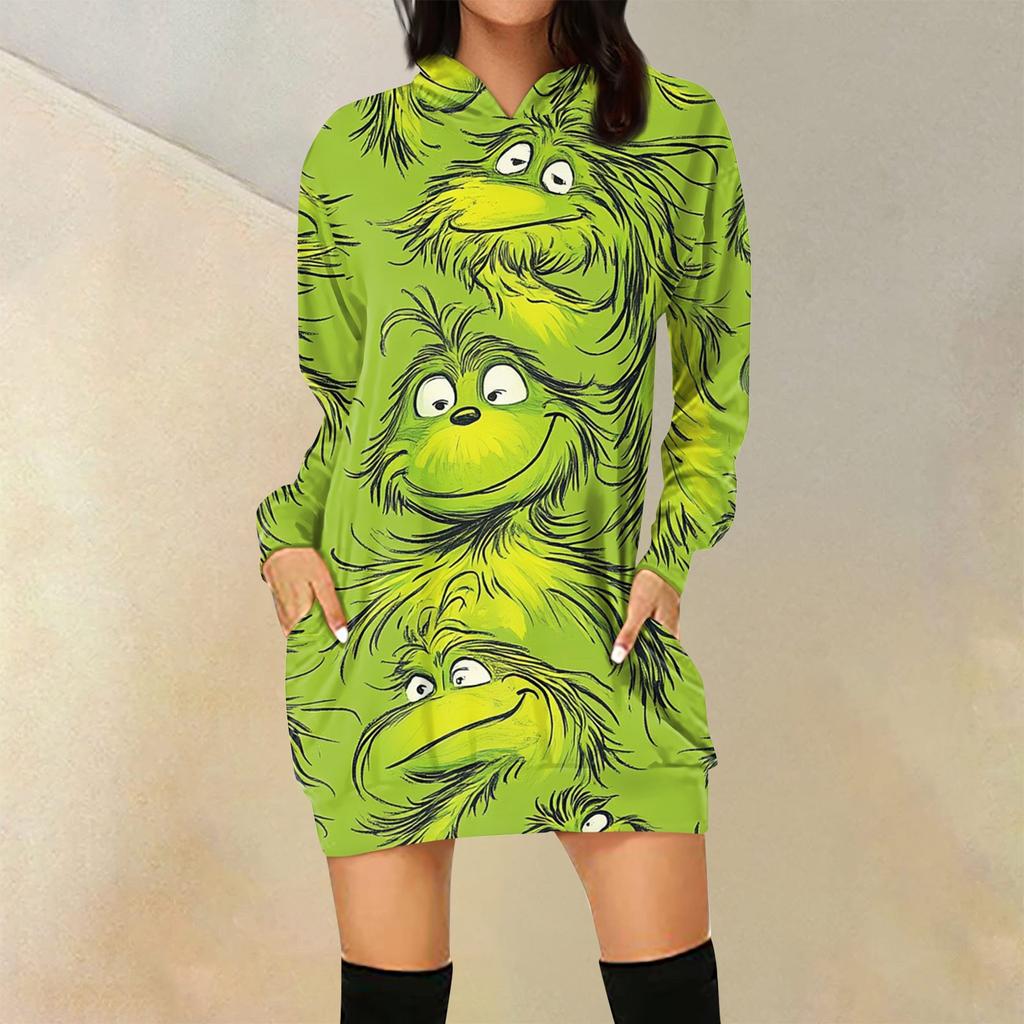 Женская свободная повседневная толстовка с капюшоном и карманом с длинными рукавами с рождественским принтом, длинный топ