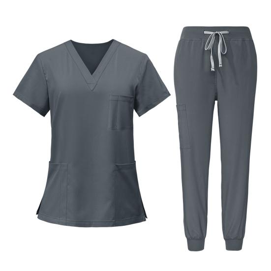 Женская больничная форма, комплект из 2 шт./компл., комплект с v-образным вырезом и короткими рукавами, несколькими карманами, топы с эластичной резинкой на талии, комплект быстросохнущих рабочих костюмов для салонов красоты, стоматологических медсестер