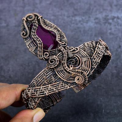 Натуральный Рубин(Смоделированный) Gesmtone Медный браслет-манжета с обмоткой из проволоки, регулируемый i2B34