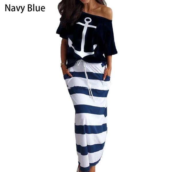 Модные женские туфли с рисунком якоря, футболка с открытыми плечами и полосатая макси-юбка, комплекты из двух частей, платье больших размеров