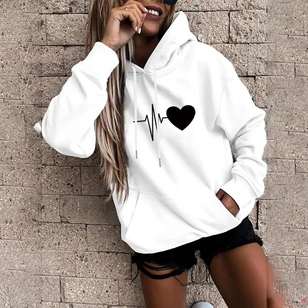 Autumn Winter Fashion Comfortable Warm Long Sleeved Love Printed Pullover Hoodie Casual Sports Loose Fitting Women's Hoodies