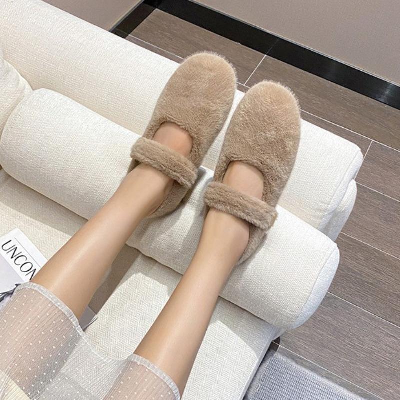 Модные осенне-зимние теплые пушистые туфли на плоской подошве женские удобные с круглым носком Мэри Джейн женские мягкие хлопковые туфли лоферы zapatos de mujer