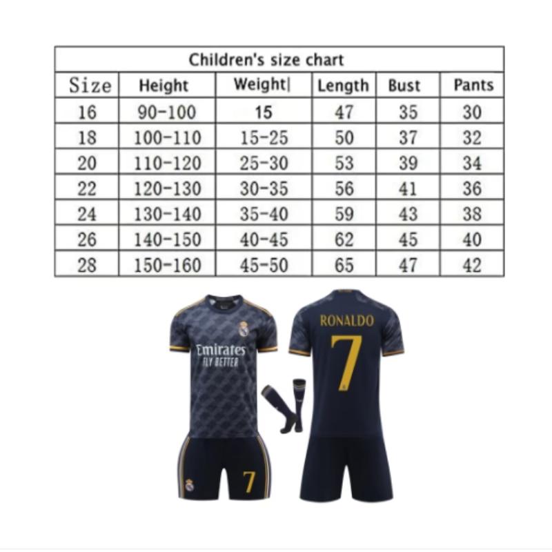 Real Madrid Ronaldo Kids Soccer Jersey Set, Black, Polyester Football Kit for Youth Training and Match