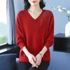 Spring Autumn Women's V-Neck Knitted Sweater Loose Solid Pullover Knitwear Thin Rhinestone Knit Top