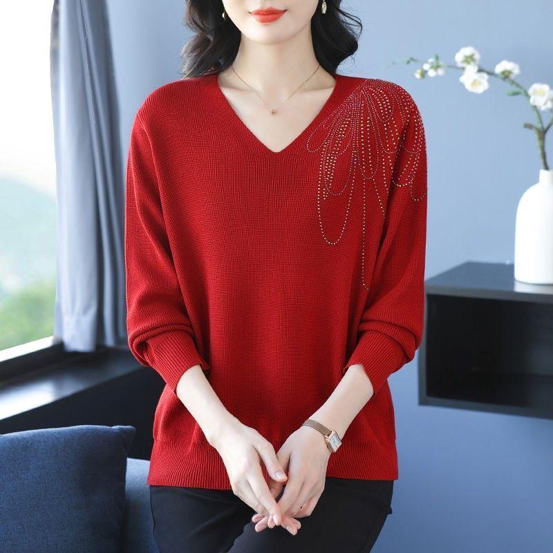 Spring Autumn Women's V-Neck Knitted Sweater Loose Solid Pullover Knitwear Thin Rhinestone Knit Top