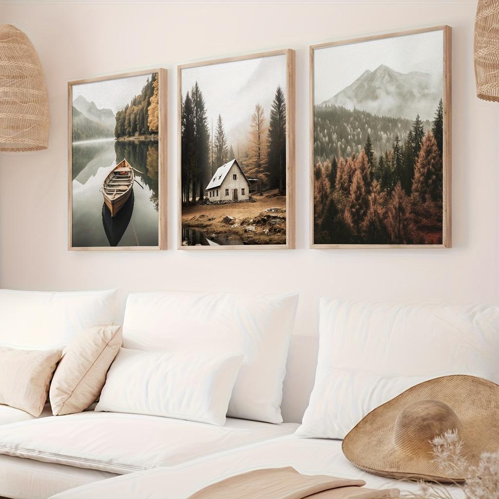 3pcs Lake Mural Landscape Wall Art Poster, Natural Nordic Photography Decoration Painting,Gallery Hanging Painting unframe