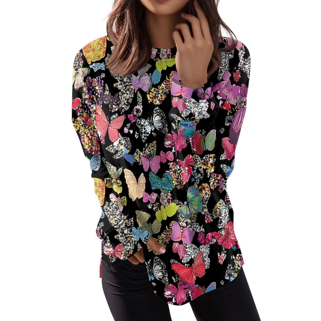 Women's Fashion Casual Long Sleeve Floral Print Round Neck Top