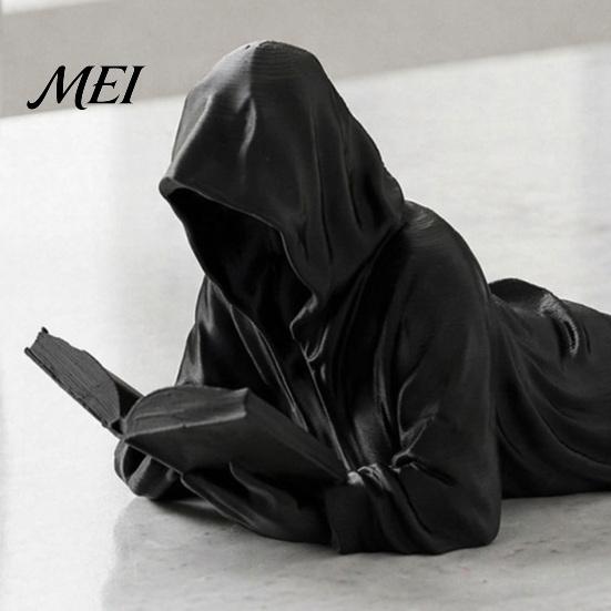 Modern Reader Figurine Black Robe Figurine, 3D Printed Faceless Reading Man Desktop Decor Statue, Lying Bookworm Sculpture for Home Office Bookshelf