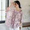Women Vintage Jacquard Shirts O-Neck Seven Sleeve Tops Summer Print Floral High Quality Women Blouses