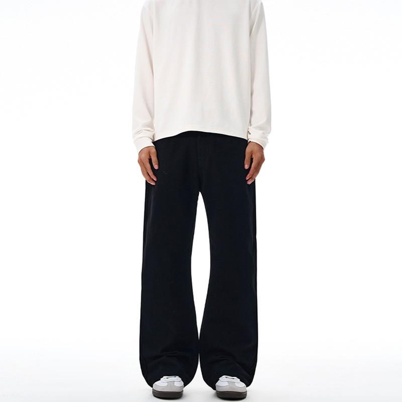 Mens Black Cotton Straight-Leg Flared Casual Pants Streetwear Slim Fit Winter