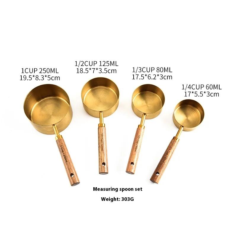 8Pcs Set Stainless Steel Measuring Cups Spoons with Wooden Handle Multifunctional Portable Measuring Tools Kitchen Accessories