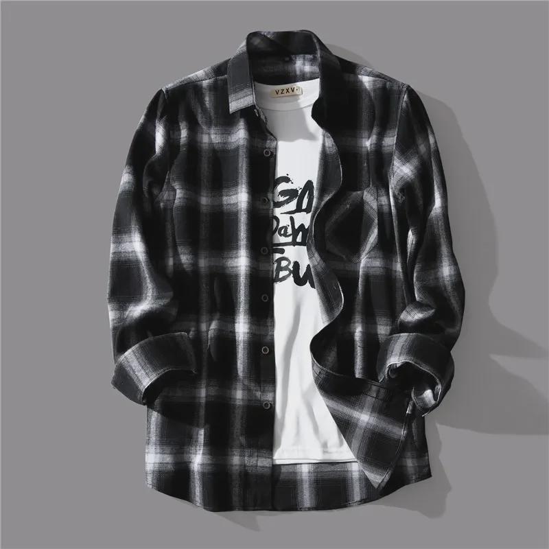 Men's Korean Style Black & White Plaid Shirt – Trendy, Loose-Fit, Long-Sleeve, Casual for Spring/Autumn
