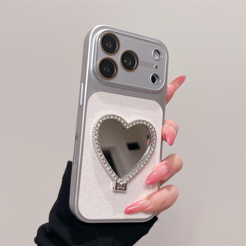 Чехол-подставка с зеркалом и блестками в виде сердца для iPhone 13/14/15/16/17 Pro Max