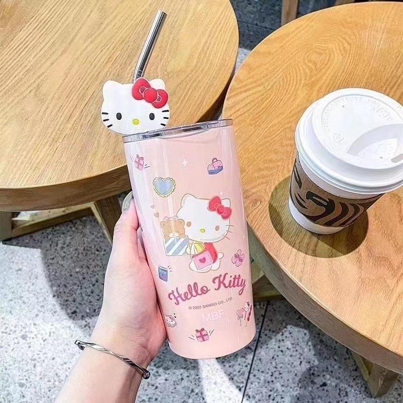 Нетоксичный 600 мл Термокружка Sanrio Кавайная Хелло Китти Куроми Мелоди Студенческий Детский Подарок Аниме Мультфильм Милый Портативный Соломинка Большая Вместимость