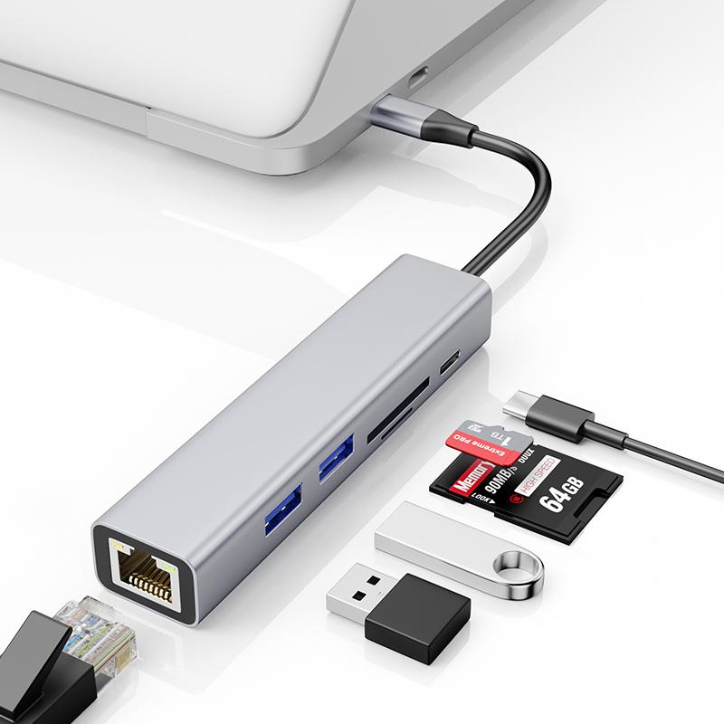 Factory USB Hub 6 in 1 hdmi Hub USB C to 2USB3.0 PD Fast Charge SD/TF Card Reader RJ45(1000Mbps) Hub Docking Station