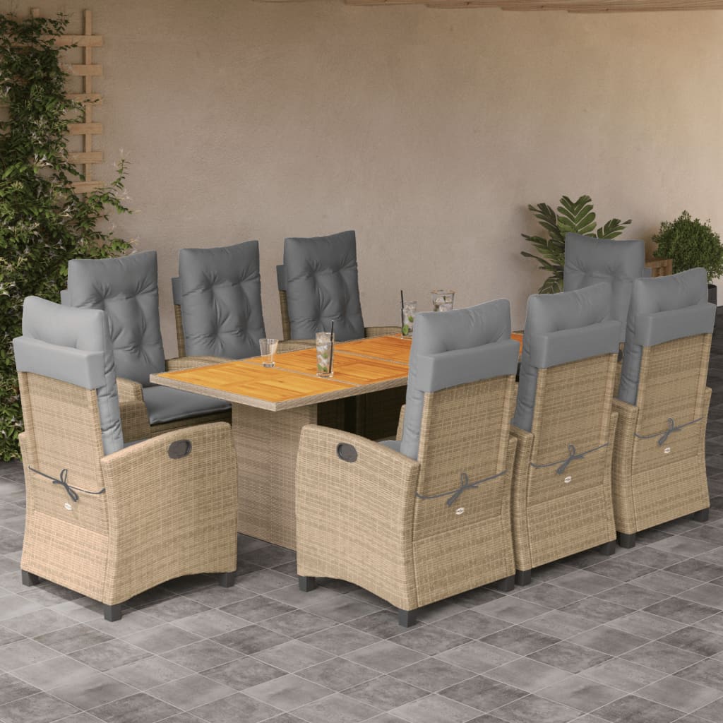 9 Piece Garden Dining Set with Cushions Beige Mix Poly Rattan