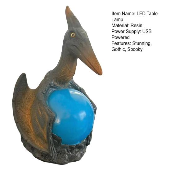 Gothic LED Table Lamp Raven's Moonlight/Pterosaur Desk Lamp Mysterious Crow/Dinosaur on Glowing Orb Sculpture for Halloween Fantasy Indoor Home Decor