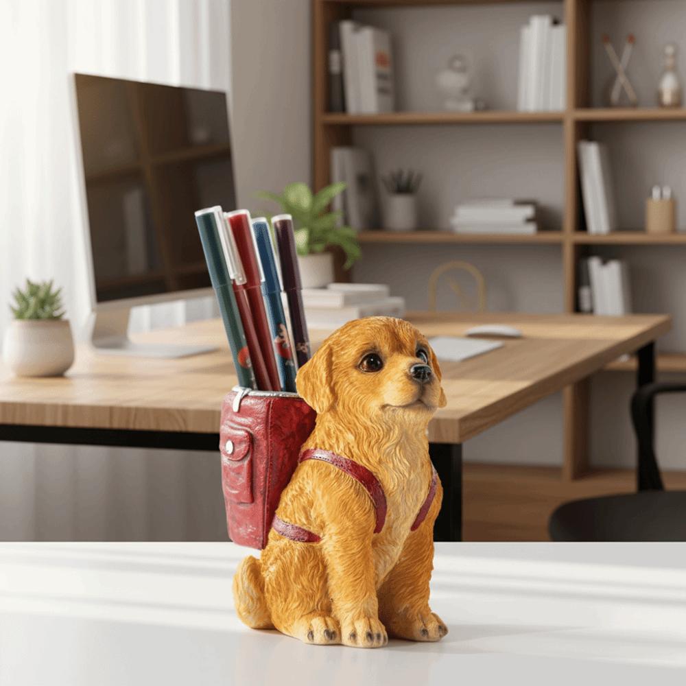 Resin Craft Golden Retriever Dog Pen Holder Cute Design Pencil Cup Storage Box Student Use