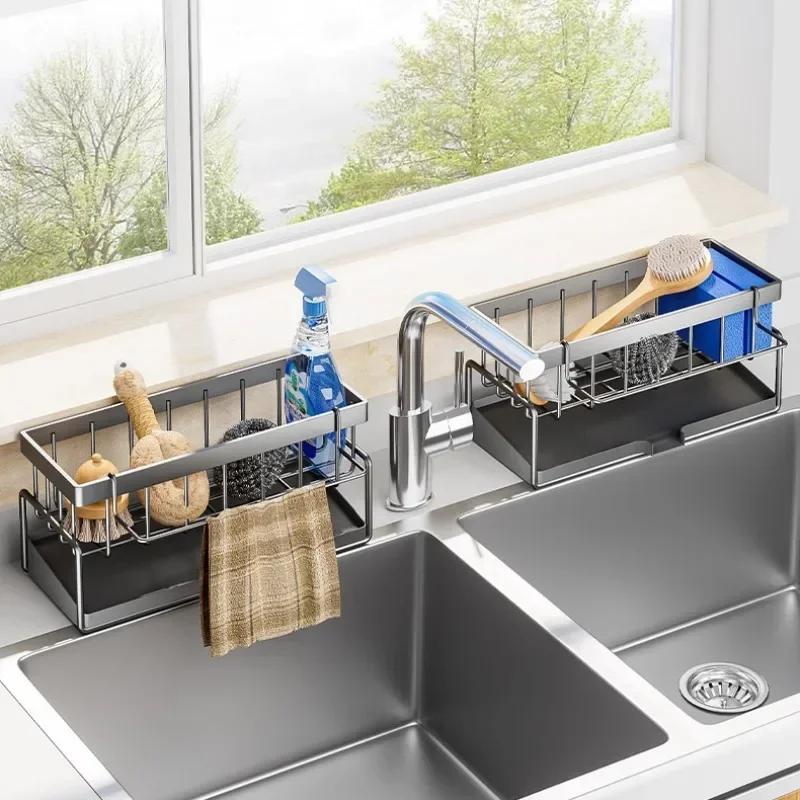 Самосливная полка для раковины из углеродистой стали, держатель для мыла и губки, стойка для кухонного полотенца, корзина-фильтр, органайзер для сушки посуды на раковину