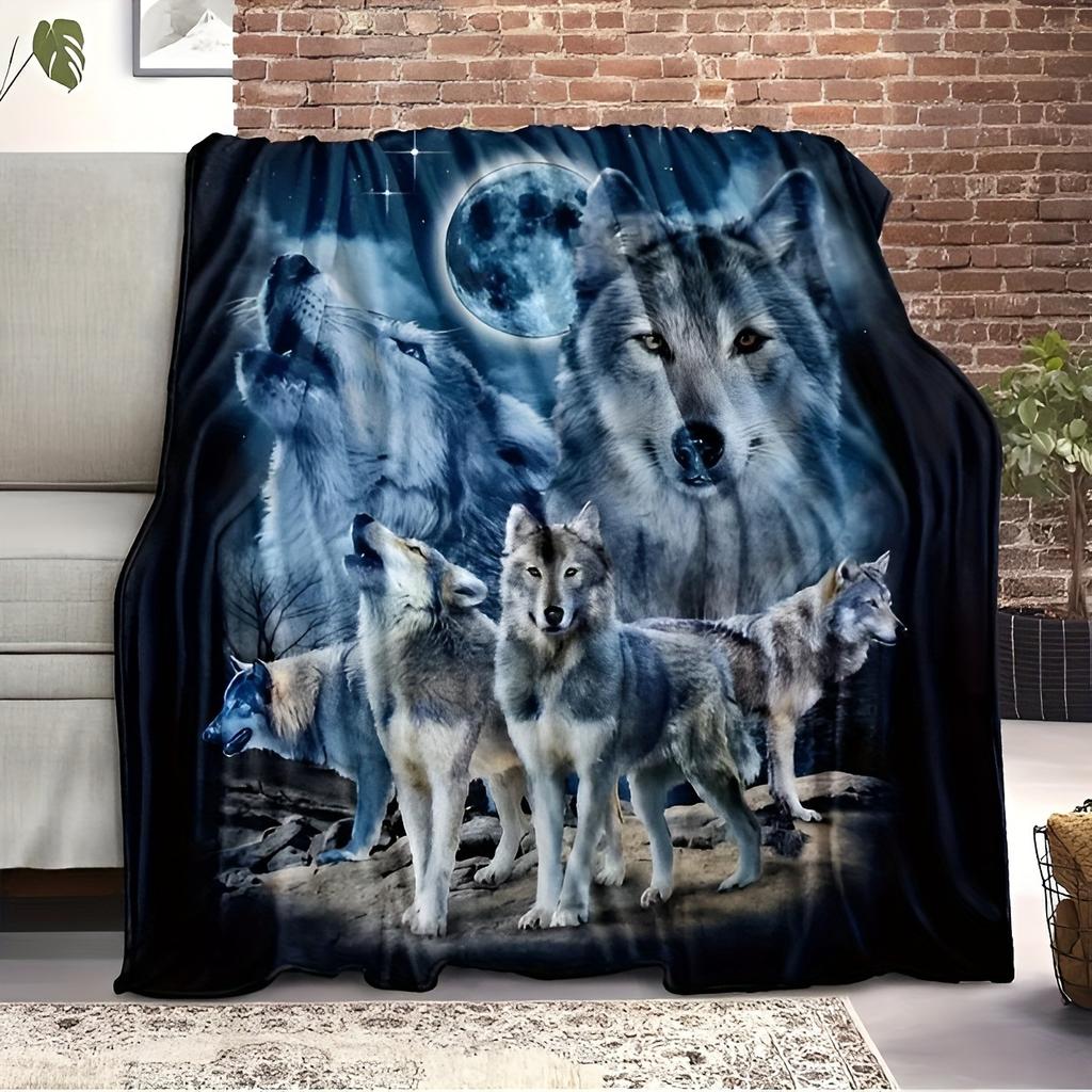 Wolf Animal Blanket Moon Print Flannel Blanket Bedding Sofa Blanket