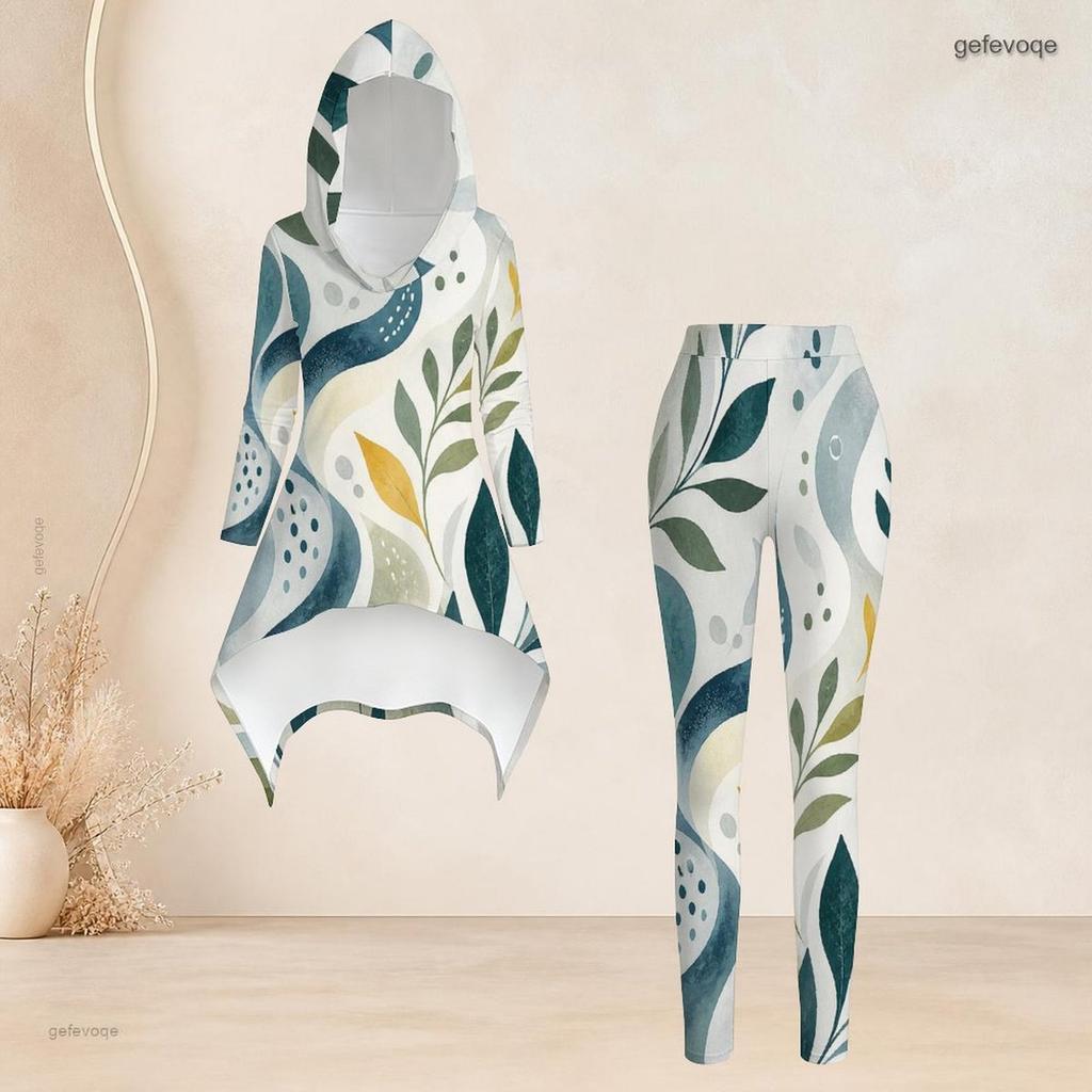 Women Plus Size Two Piece Set Hooded Long Sleeve Tropical Leaf Printed High Low Top Fitted Pants