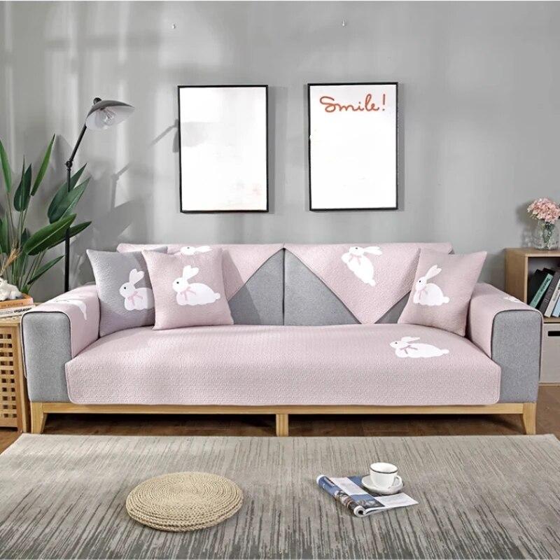 Modern Simple Couch Cushion Comfortable Dustproof Non Slip Rabbit Print Sofa Towel Versatile Living Room Rabbit Decor Mats