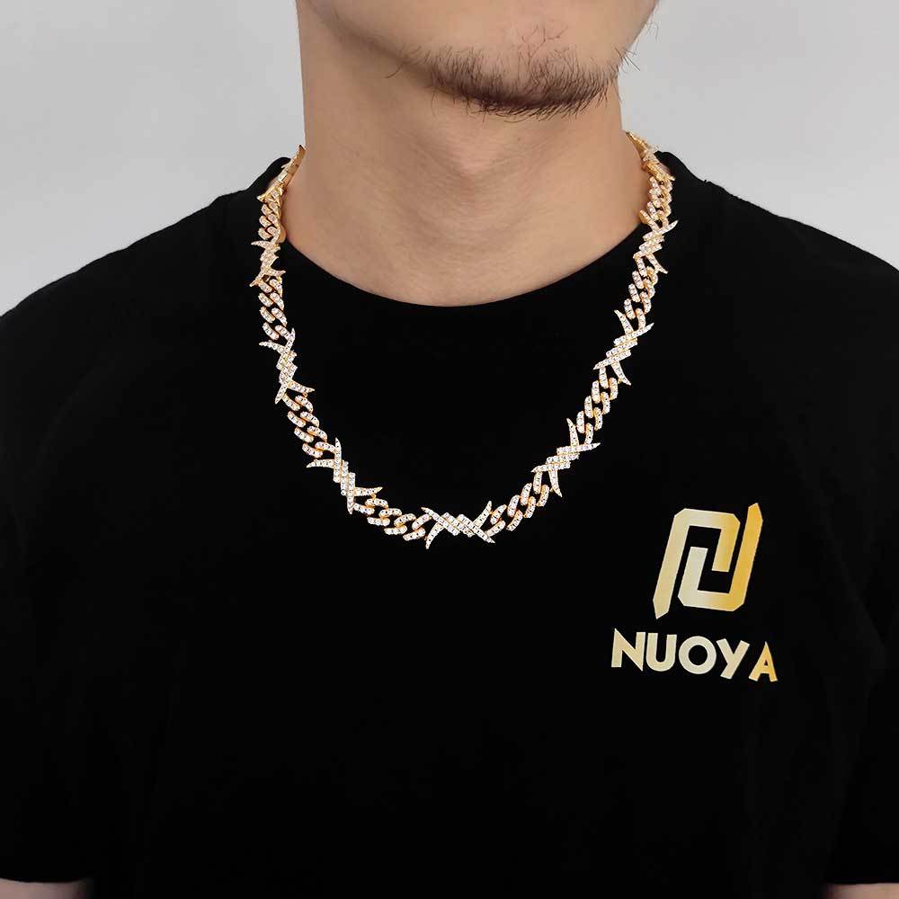 European Hip Hop Simple Personality Iron Wire Chain Zircon Cuban Link Chain Real Gold Electroplated Hiphop Thorn Bracelet Necklace