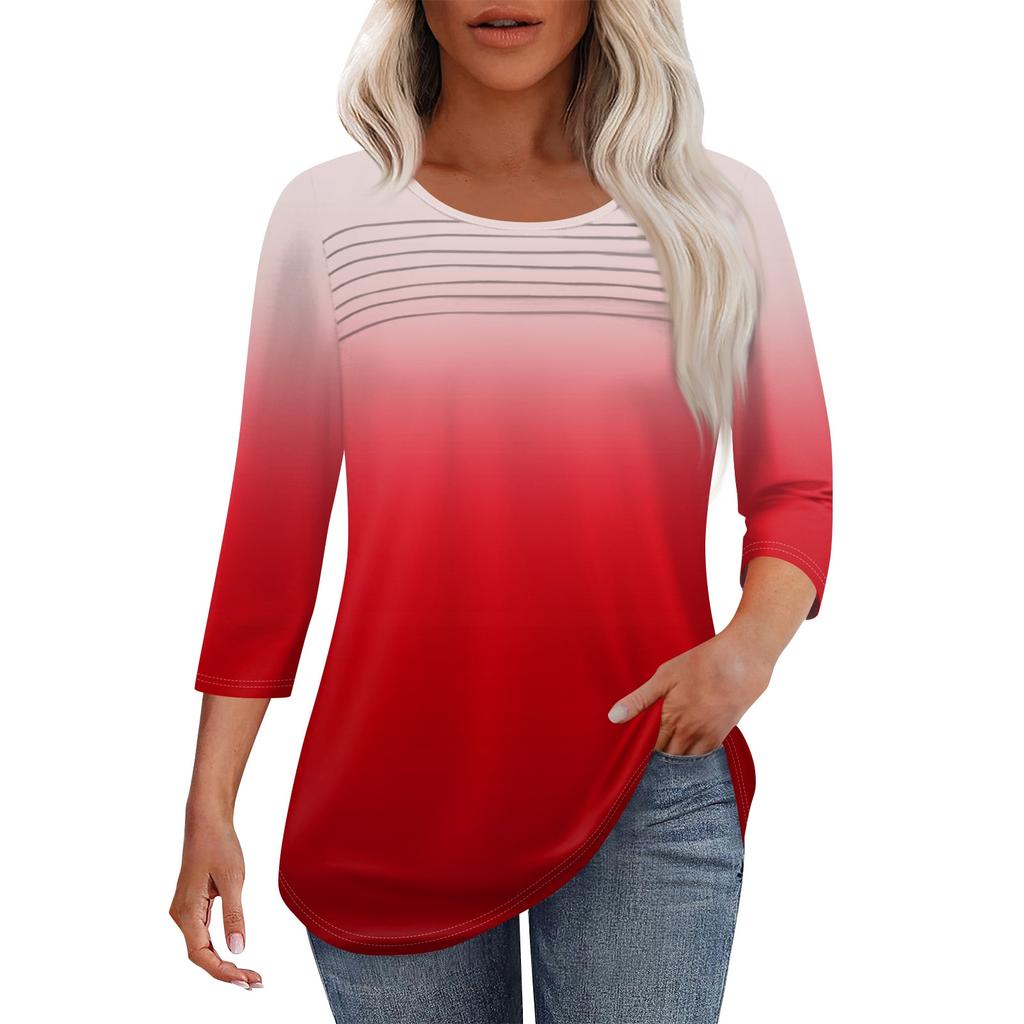 Женская мода круглый вырез шея плиссированная передняя планка однотонный топ рукав 3/4