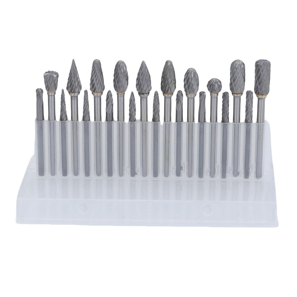 20 Pcs Double Cut Rotary Burr Set 1/8in Shank Tungsten Carbide with 2 Collets for Woodworking