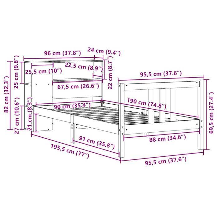 VidaXL Lit bibliothèque sans matelas 90x190 cm bois de pin massif 3322293